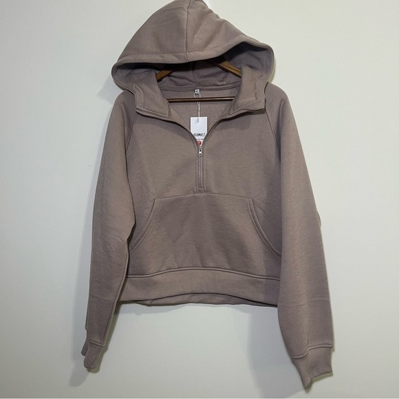 Tops - NWT Women's Cropped Half Zip Taupe Hoodie, XL